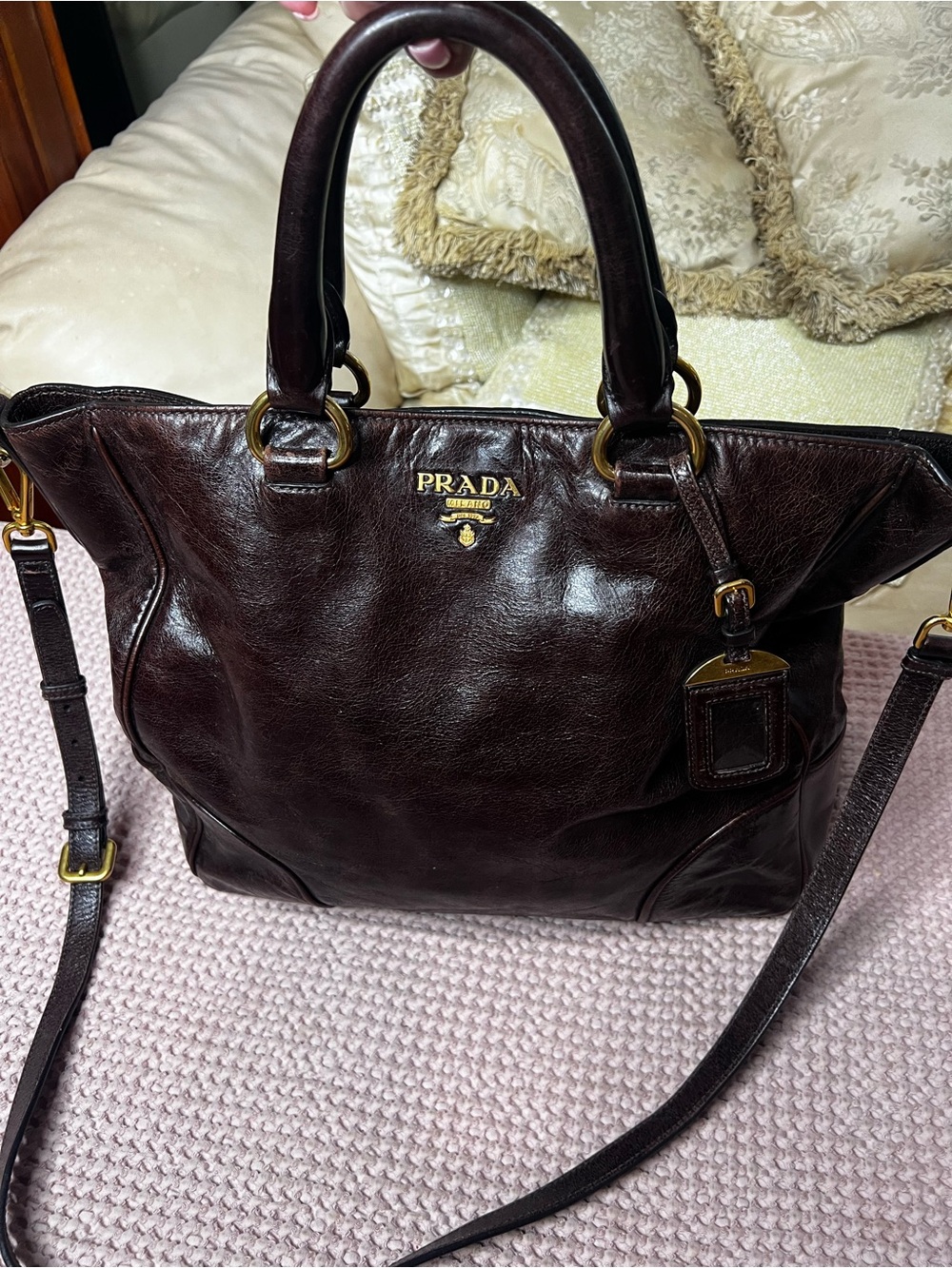 Prada Vitello Shine Brown Leather Tote Satchel Crossbody Bag w/ Strap & Dust Bag